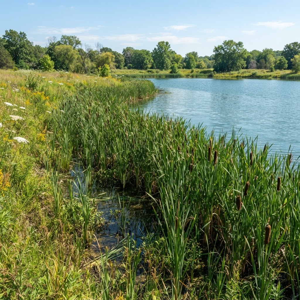 A pond shoreline lined with tall green cattails and reeds